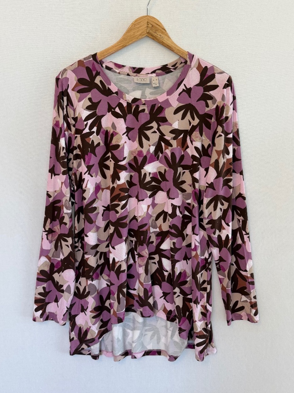 LOGO Lori Goldstein XL Purples & Tan Abstract Floral Print Long Sleeve Tee